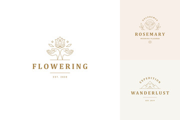 Vector line logos emblems design templates set - female gesture hands and rose flower illustrations