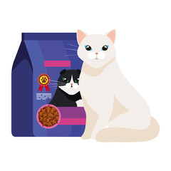 cute cat white with food in bag isolated icon vector illustration design