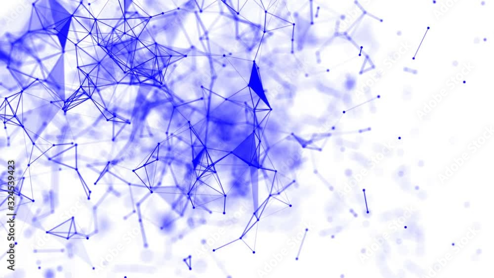 Poster blue particles fly slowly on a white background connect and disconnect. abstract animation. 3d rende
