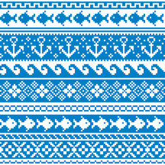 Scottish Fair Isle style traditional knitwear vector seamless pattern, marine style design with anchors, fish, and sea or ocean waves