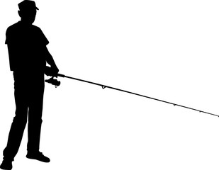 Silhouette of a fisherman who catches a fish on a spinning