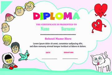 Vector illustration of preschool kids diploma. hand drawing characters.