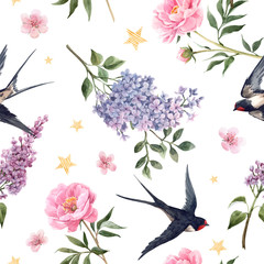 Fototapety  Piękna delikatna wiosna kwiatowy wzór z akwarela anemon, bzu, kwiaty piwonii i jaskółki ptaków. Ilustracji.
