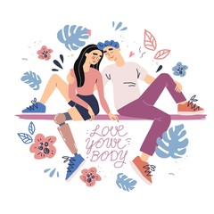 body positive. couple in love. young girl with a bionic prosthetic leg