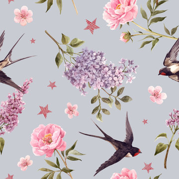 Beautiful gentle spring seamless floral pattern with watercolor anemone, lilac, peony flowers and swallow birds. Stock illustration.