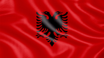 Flag of Albania. Realistic waving flag 3D render illustration with highly detailed fabric texture. - obrazy, fototapety, plakaty