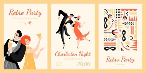 Set of invitation cards to a retro party in the style of the 1920s. Young people drink cocktails and dance in vintage costumes.