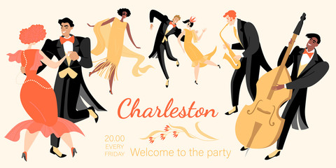 Banner for a retro party with young dancing people and funny musicians.