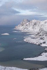 Peaks of norway. Typical lofoten islands landscape During winter. lofoten is a dreamy destination for photographers with a lot of mountains and beaches.