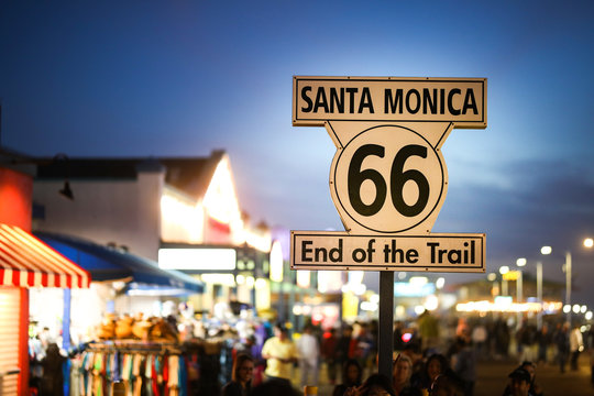 Route 66 Sign On Santa Monica Pier At The Beach In California