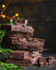 chocolate (delicious cocoa dessert, pieces sweets) menu concept. food background. top view. copy...