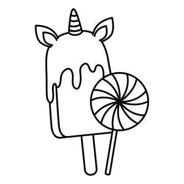 cute and delicious unicorn ice cream with lollipop vector illustration design