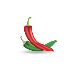 Red and green hot natural chili pepper pod realistic image with shadow vector illustration.