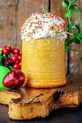 easter cake and easter eggs, traditional holiday design (happy easter) menu concept. food background. top view. copy space