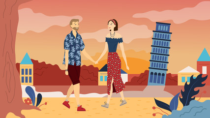 Travel Around The World Concept. Happy Couple In Love Is Having a Vacations And Travell Abroad To Italy. Adventure In a Piza. People Hold Hands And Have a Good Time. Cartoon Flat Vector Illustration