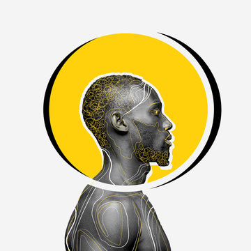 African-american man with head rounded yellow on white background. Copyspace for your proposal. Modern design. Contemporary artwork, collage. Concept of phycology, thinking, brainstorming, fashion.