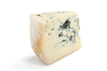 Piece of blue cheese isolated on white background. Side view.