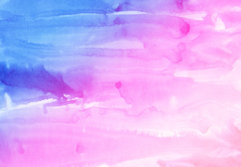 Beautiful hand painted watercolor texture. Can be used as a decorative background for creative design of posters, cards, invitations, wallpapers. Modern artwork. Blue and pink colours.