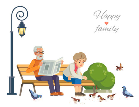 Happy elderly couple feeding the birds on a park bench, isolate on white background. Vector flat illustration.