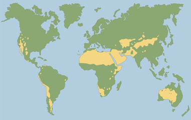 Worlds largest deserts like Sahara, Gobi, Kalahari, Arabian, Patagonian and Great Basin Desert. Global map with yellow desert climate. Vector illustration.