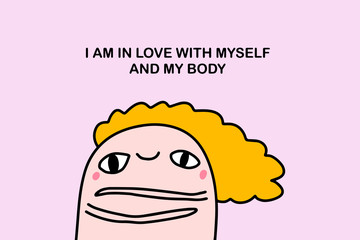 Affirmation i am in love with myself and my body hand drawn vector illustration in cartoon comic style woman beautiful holding