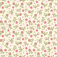 Foto op Plexiglas Kleine bloemen Vector naadloos patroon met kleine roze rozen op een gele achtergrond.