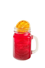 A single-colored transparent cocktail, cold tea, refreshing in a glass jar with ice cubes, orange slice chips, lemon and taste of berries, greiprut, Side view, Isolated white background
