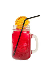 A single-colored transparent cocktail, cold tea, refreshing in a glass jar with ice cubes, orange slice, lemon and taste of berries, greiprut, straw, Side view, Isolated white background