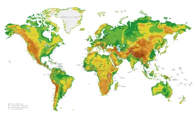 Fotobehang Wereldkaart Fysieke wereldkaart vectorillustratie met steden, landen en internationale grenzen