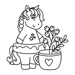 cute unicorn and cup with flowers line style icon vector illustration design