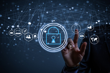 business, technology and internet concept - businessman pressing data security button on virtual...
