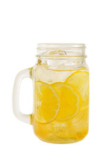 Multicolored, gradient opaque cocktail, cool tea, refreshing in a glass jar with ice cubes, round lemon slices, with a taste of fruits and citrus, Side view, Isolated white background