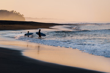 Fototapeta na wymiar surfers on beach