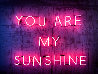 Close up of neon signage in pink colour with 'you are my sunshine' text place on concrete wall...