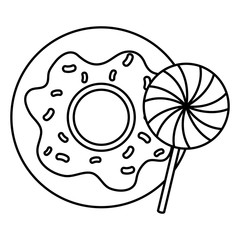 delicious sweet donut with lollipop line style icon vector illustration design