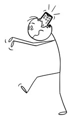 Vector cartoon stick figure drawing conceptual illustration zombie lunatic with mobile phone or cellphone in brain walking. Modern technology addiction.