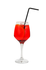 A single-colored transparent cocktail, refreshing in tall glass with straw, ice cubes, orange slice, lemon and taste of berries, cherries, strawberries, greiprut, Side view, Isolated white background