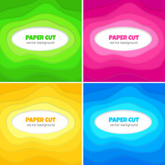 Vector banners with abstract 3d paper cut shapes. Set of backgrounds with pink, green, yellow and blue paper and white copyspace in center