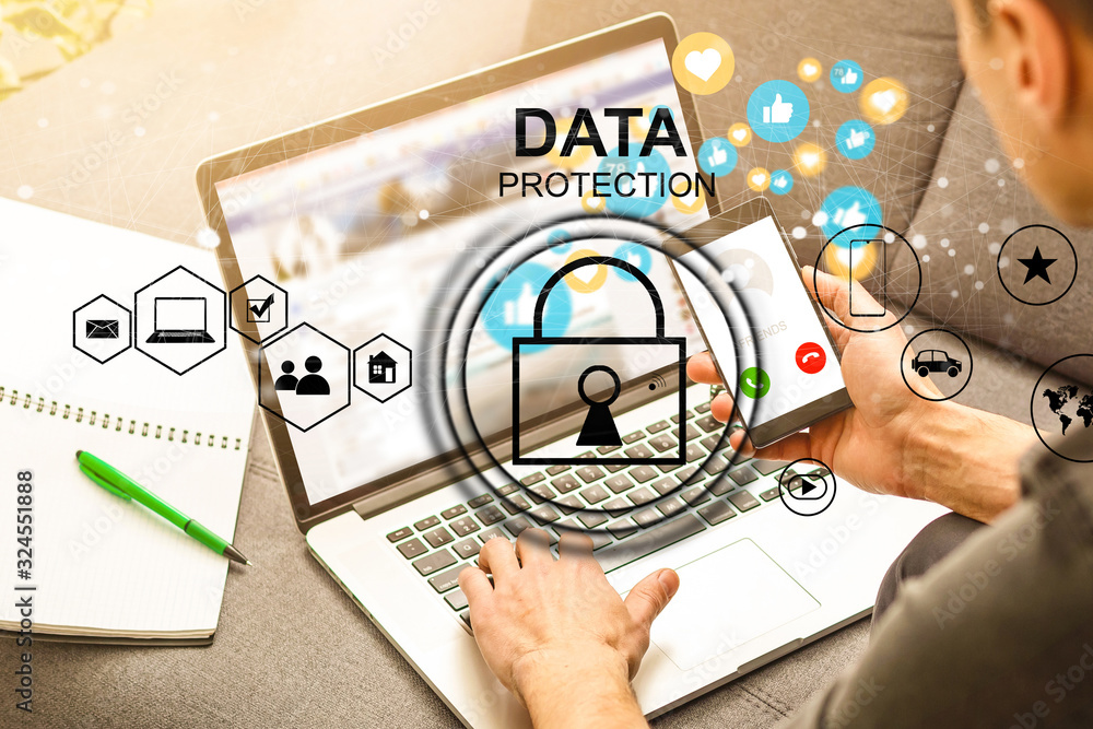 Poster business, technology and internet concept - businessman pressing data security button on virtual scr