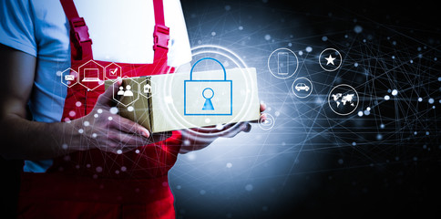 Security delivery and logistics on a virtual touch screen interface. Information technology concept...