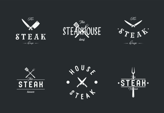 Steak house set logo with grill,  knife, meat, wine and beer. A restaurant.