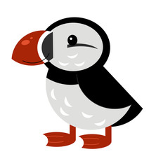cartoon scene with flying bird puffin isolated on white background illustration