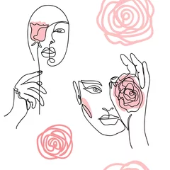 Foto op Plexiglas Lijnkunst Meisje, vrouw gezicht, portret, hoofd met rozen. Modern vectorpatroon voor verpakking, textiel, stof, doek.