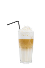 A multi-colored, two-layer opaque cocktail in a tall glass with chopped ice, whipped cream, with a taste of coffee, caramel, cream and straw, Side view, Isolated white background, drink for menu