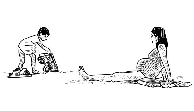 Sketch of pregant woman with her little son sunbathing on the beach