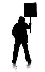 Vector drawing of silhouette man standidng on city street with poster