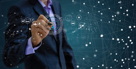 Security and Insurance Data Industry 4 Concept. Worker touched shield lock icon on virtual screen....