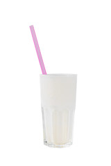 Milk cocktail with pink straw, isolated white background in a high glass, vanilla, side view