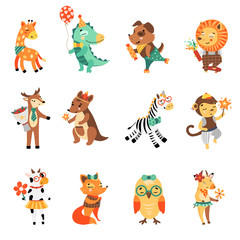 Obraz na płótnie Canvas Happy birthday nice animal collection. Vector illustration. Lovely child set of funny charectrers.