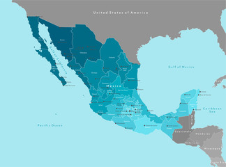Vector illustration. Simplified geographical  map of Mexico (United Mexican States) and nearest countries (USA, Belize and etc). Blue background of Pacific ocean. Names of mexican cities and states